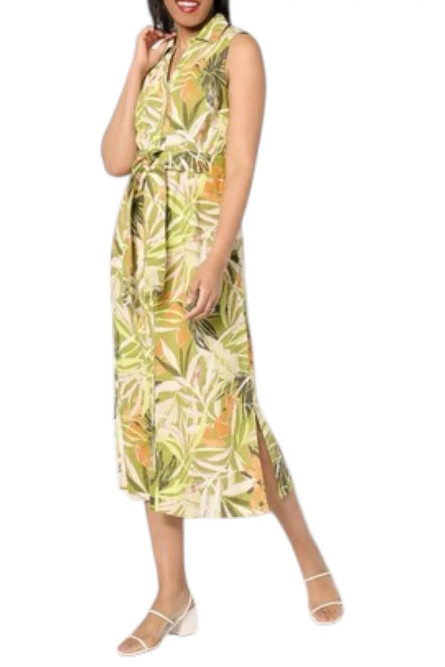Denim & Co. Women's Printed Linen Blend Midi Dress Bayleaf - Petite